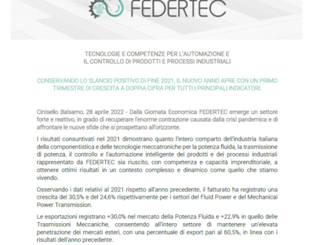 Comunicato stampa FEDERTEC – Si conferma lo slancio positivo di fine 2021 – Il 2022 apre  con un primo trimestre in crescita