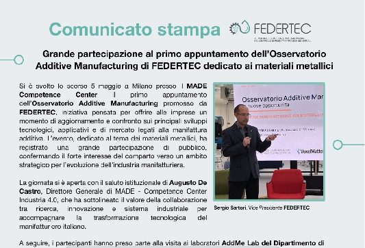 Osservatorio Additive Manufacturing – Materiali metallici – 5 maggio 2026 – Comunicato stampa