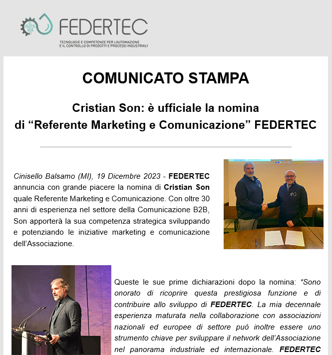 Comunicato stampa FEDERTEC – Cristian Son nominato referente “Comunicazione e Marketing”